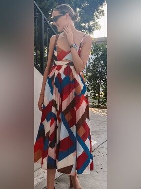 Banana Republic Multicolor Geometric Midi Dress - Red, Blue, Brown, Cream